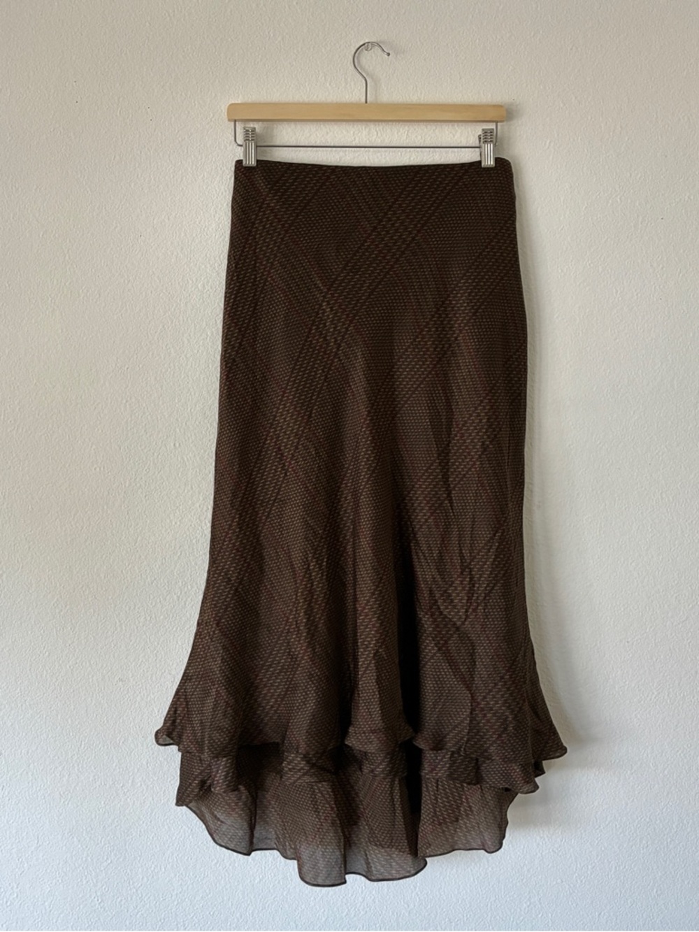 Lauren Ralph Lauren Brown Plaid silk Midi Skirt with Ruffle Hem - Picture 2 of 4